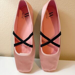 Worthington Memory Foam Lilac Blush Pink Satin Ballet Flats with Black Accents